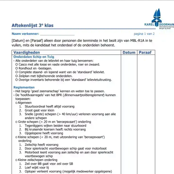 preview van de aftekenlijst "3e Klas"